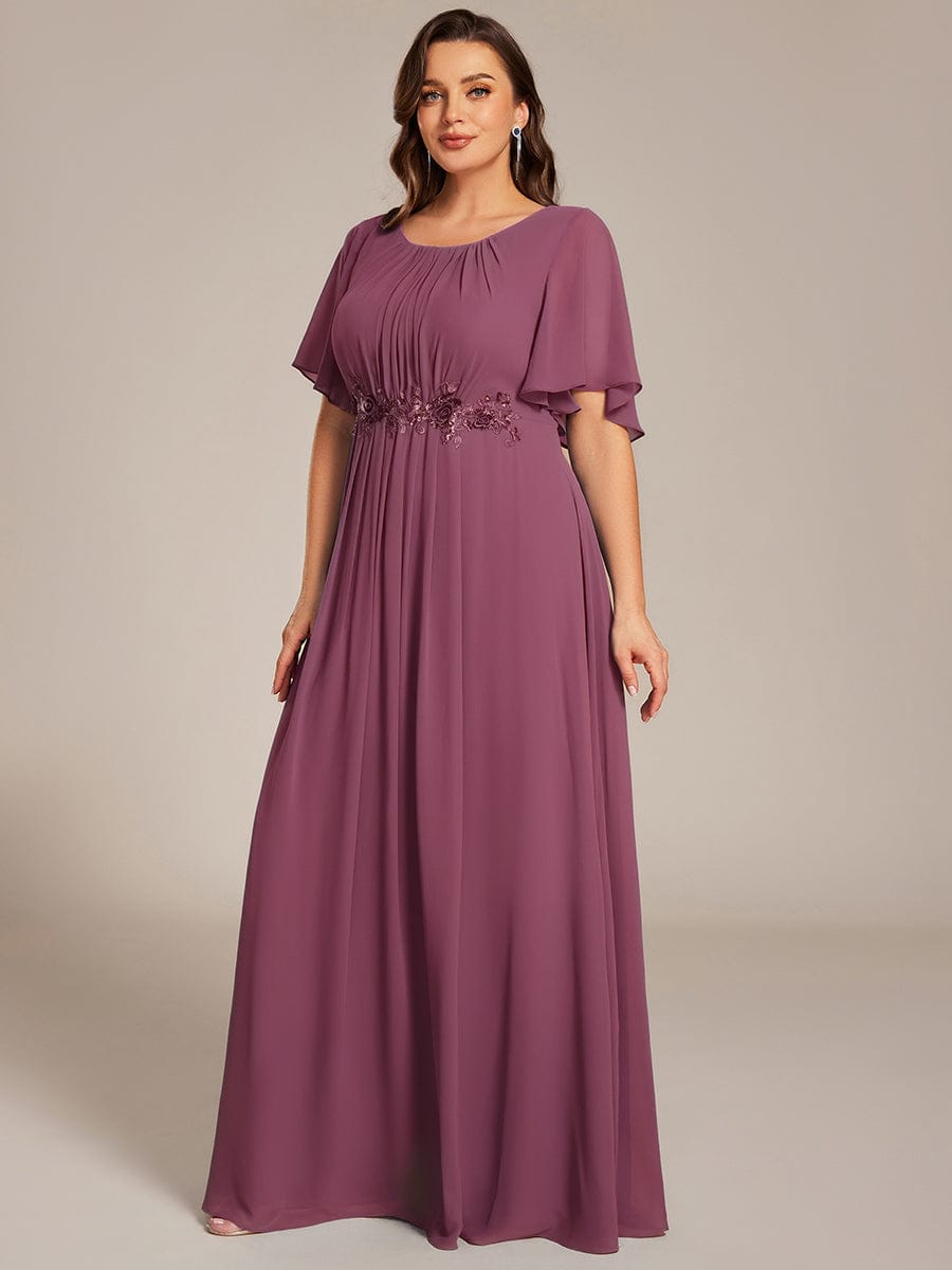 Pleated Short Sleeve Ruffled Maxi Evening Dress #color_Damson