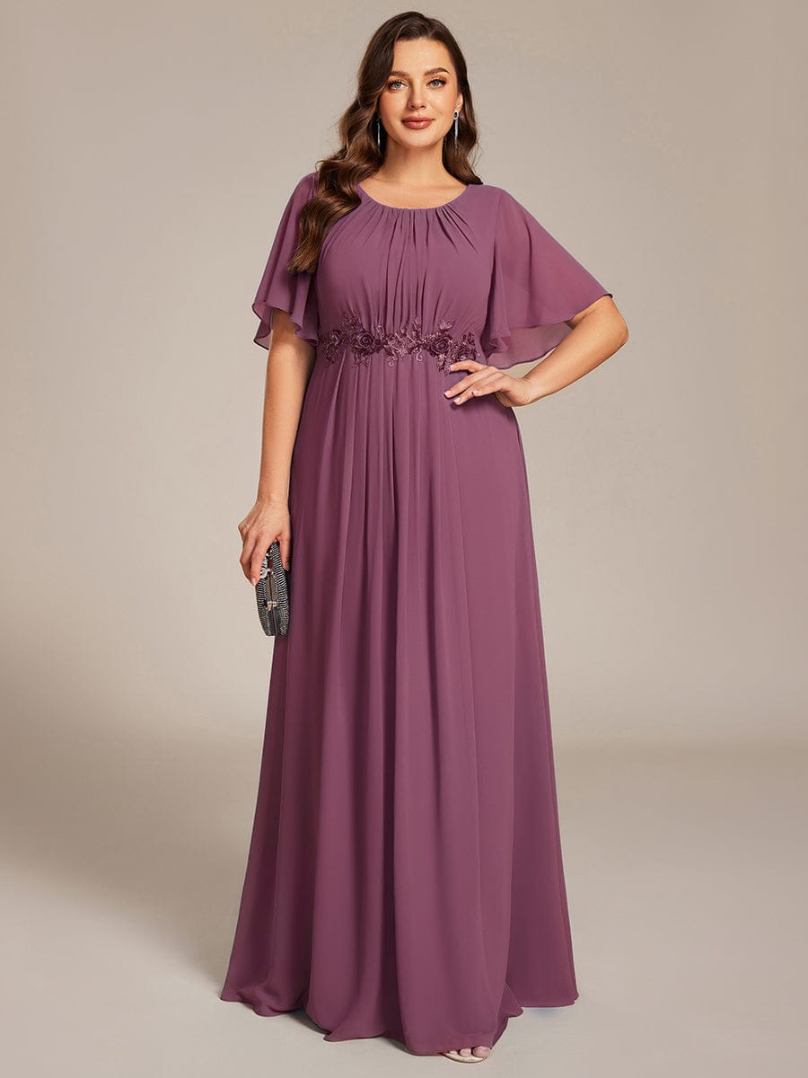Pleated Short Sleeve Ruffled Maxi Evening Dress #color_Damson