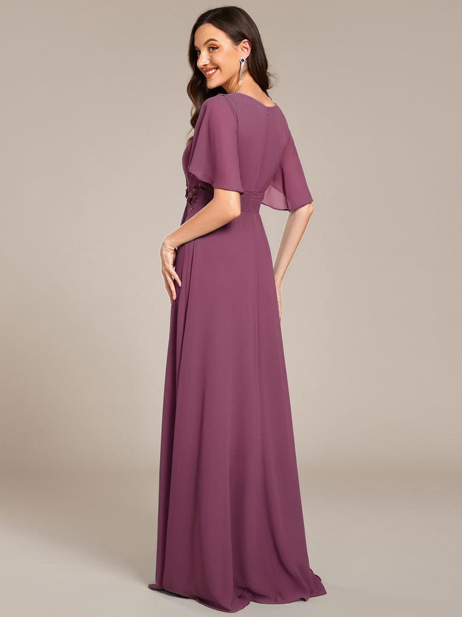 Pleated Short Sleeve Ruffled Maxi Evening Dress #color_Damson