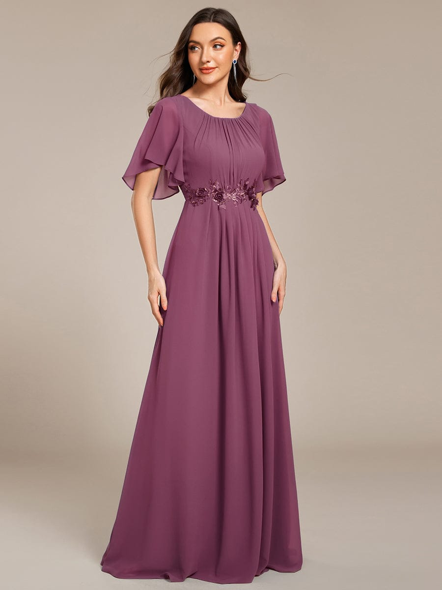 Pleated Short Sleeve Ruffled Maxi Evening Dress #color_Damson