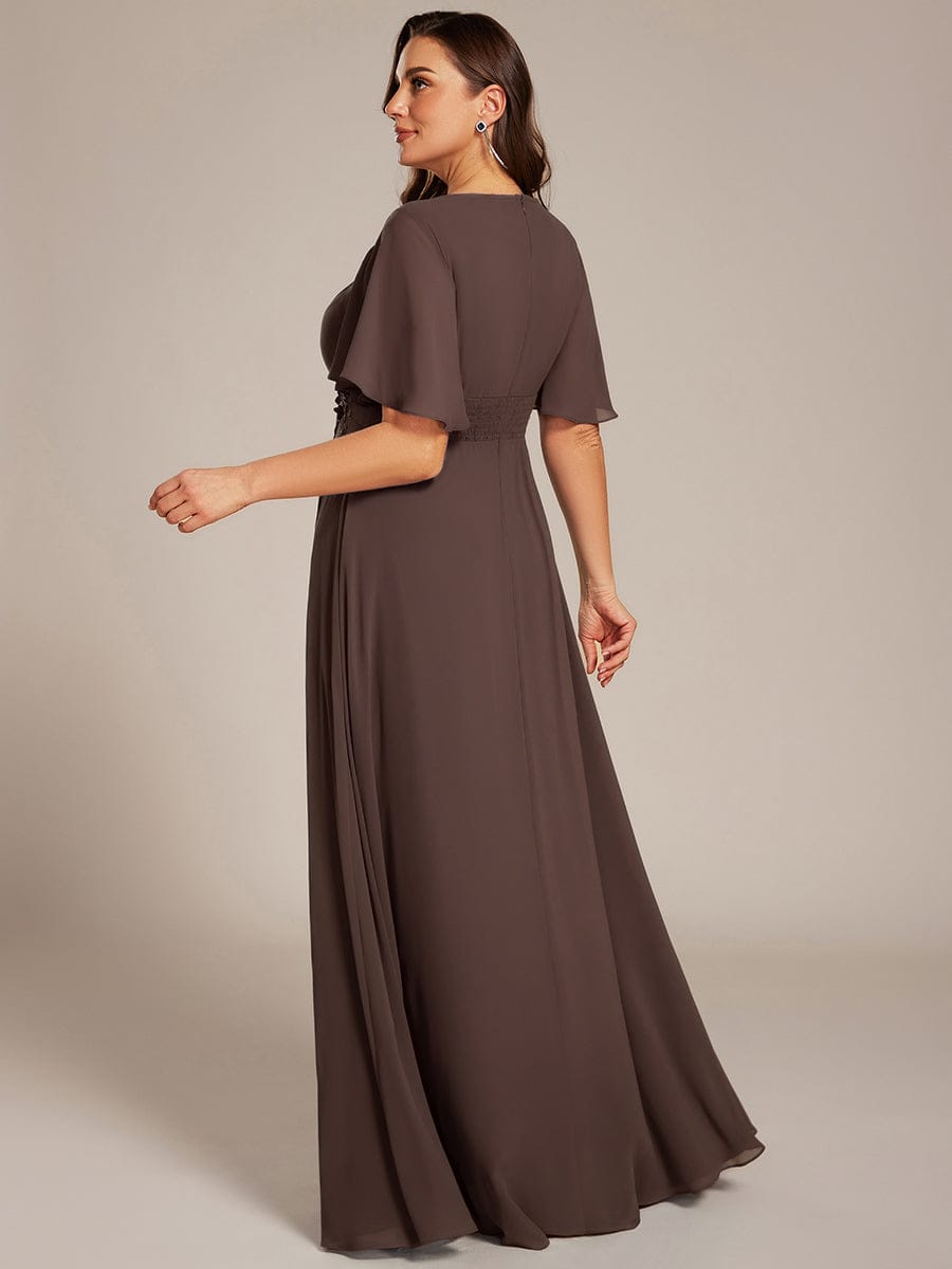 Pleated Short Sleeve Ruffled Maxi Evening Dress #color_Espresso