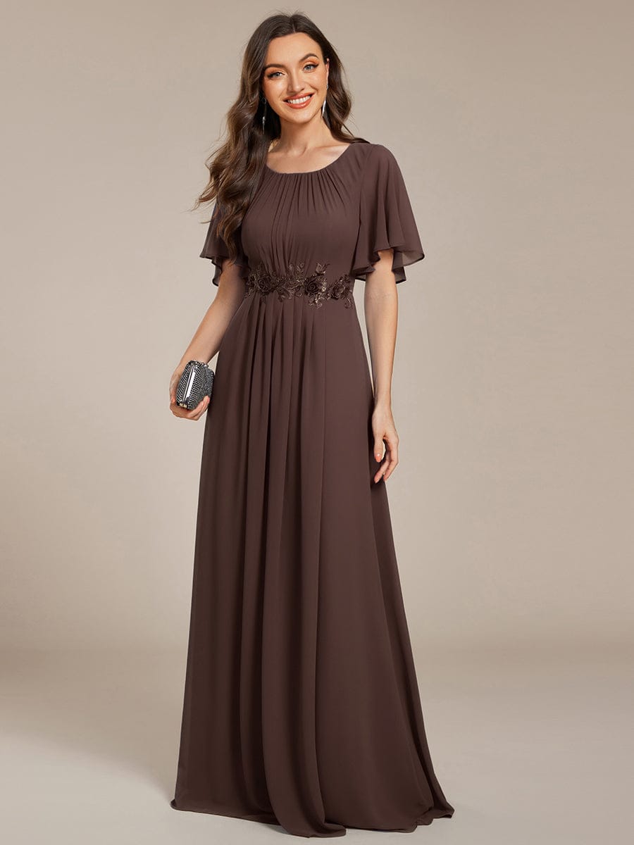 Pleated Short Sleeve Ruffled Maxi Evening Dress #color_Espresso