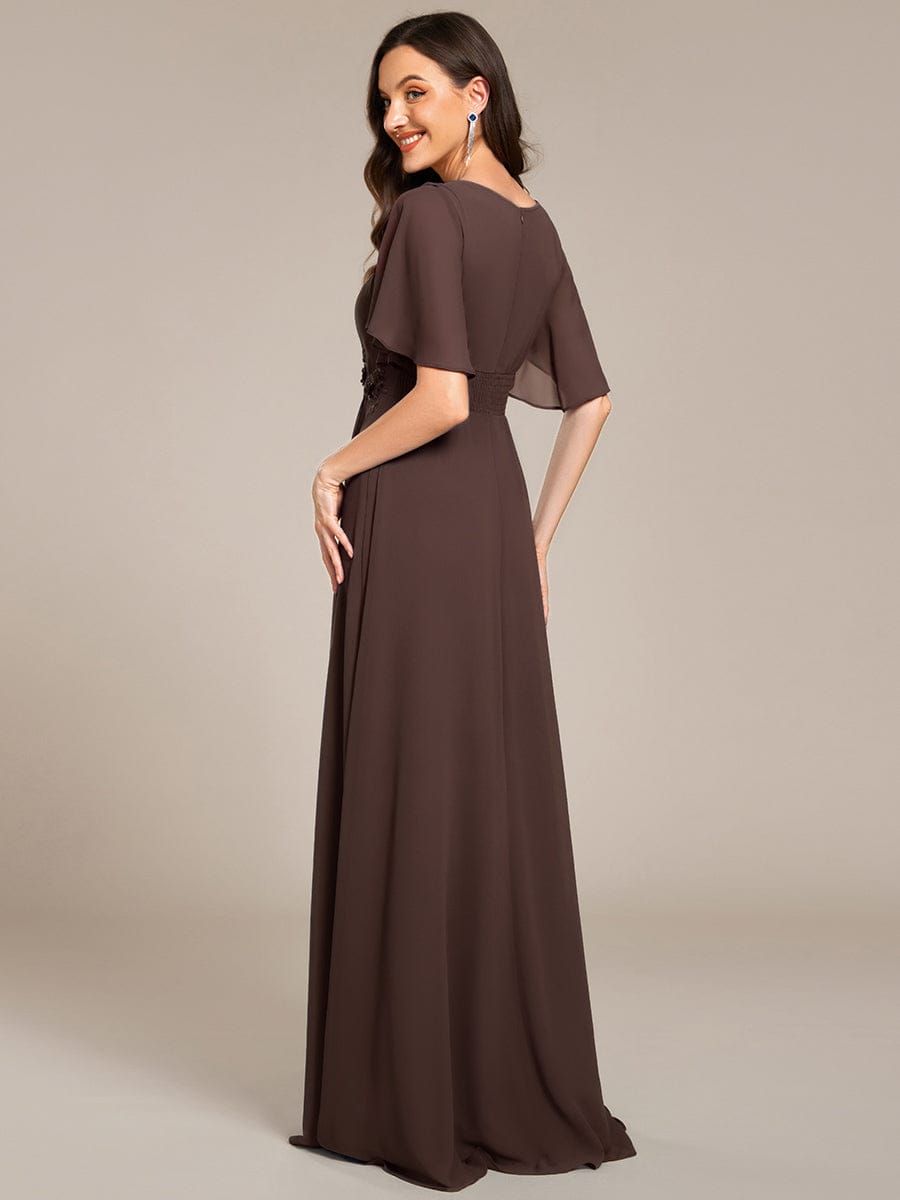Pleated Short Sleeve Ruffled Maxi Evening Dress #color_Espresso