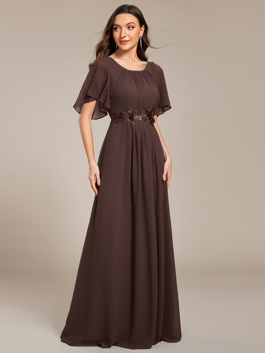 Pleated Short Sleeve Ruffled Maxi Evening Dress #color_Espresso