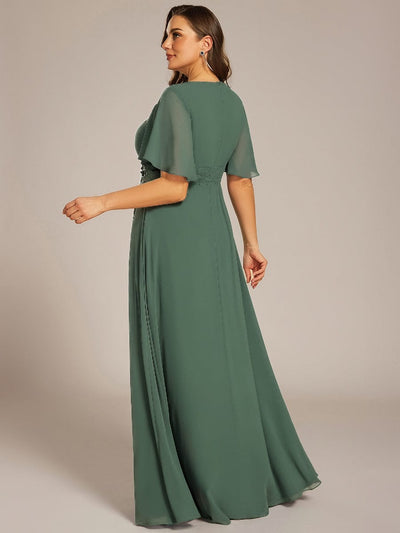 Pleated Short Sleeve Ruffled Maxi Evening Dress #color_Eucalyptus Green
