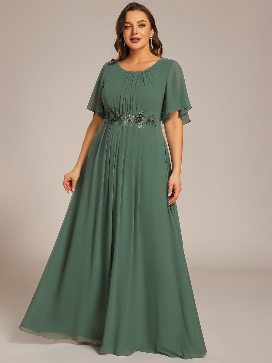 Pleated Short Sleeve Ruffled Maxi Evening Dress #color_Eucalyptus Green