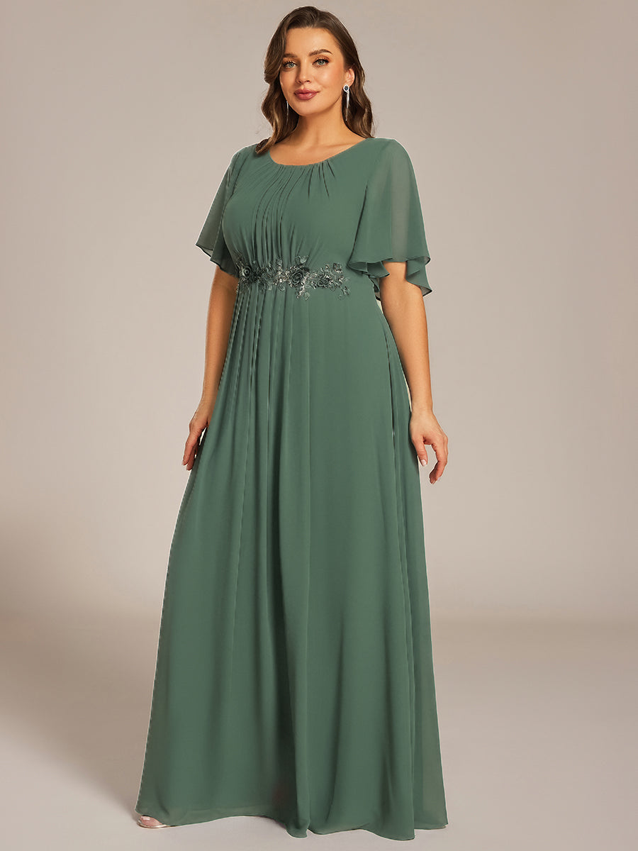 Pleated Short Sleeve Ruffled Maxi Evening Dress #color_Eucalyptus Green