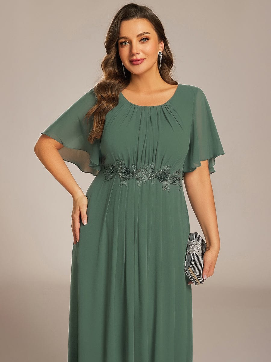 Pleated Short Sleeve Ruffled Maxi Evening Dress #color_Eucalyptus Green