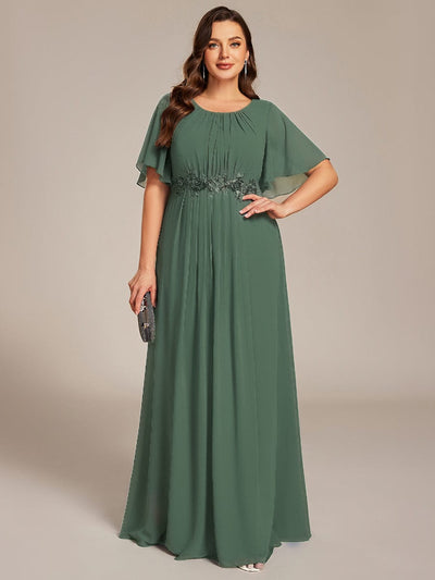 Pleated Short Sleeve Ruffled Maxi Evening Dress #color_Eucalyptus Green