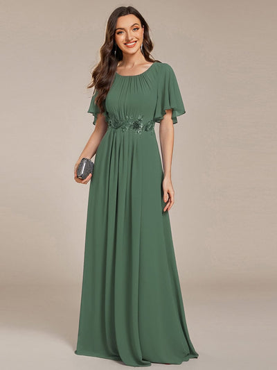 Pleated Short Sleeve Ruffled Maxi Evening Dress #color_Eucalyptus Green