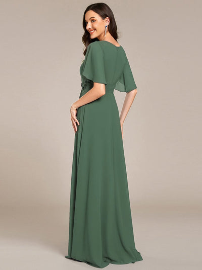 Pleated Short Sleeve Ruffled Maxi Evening Dress #color_Eucalyptus Green