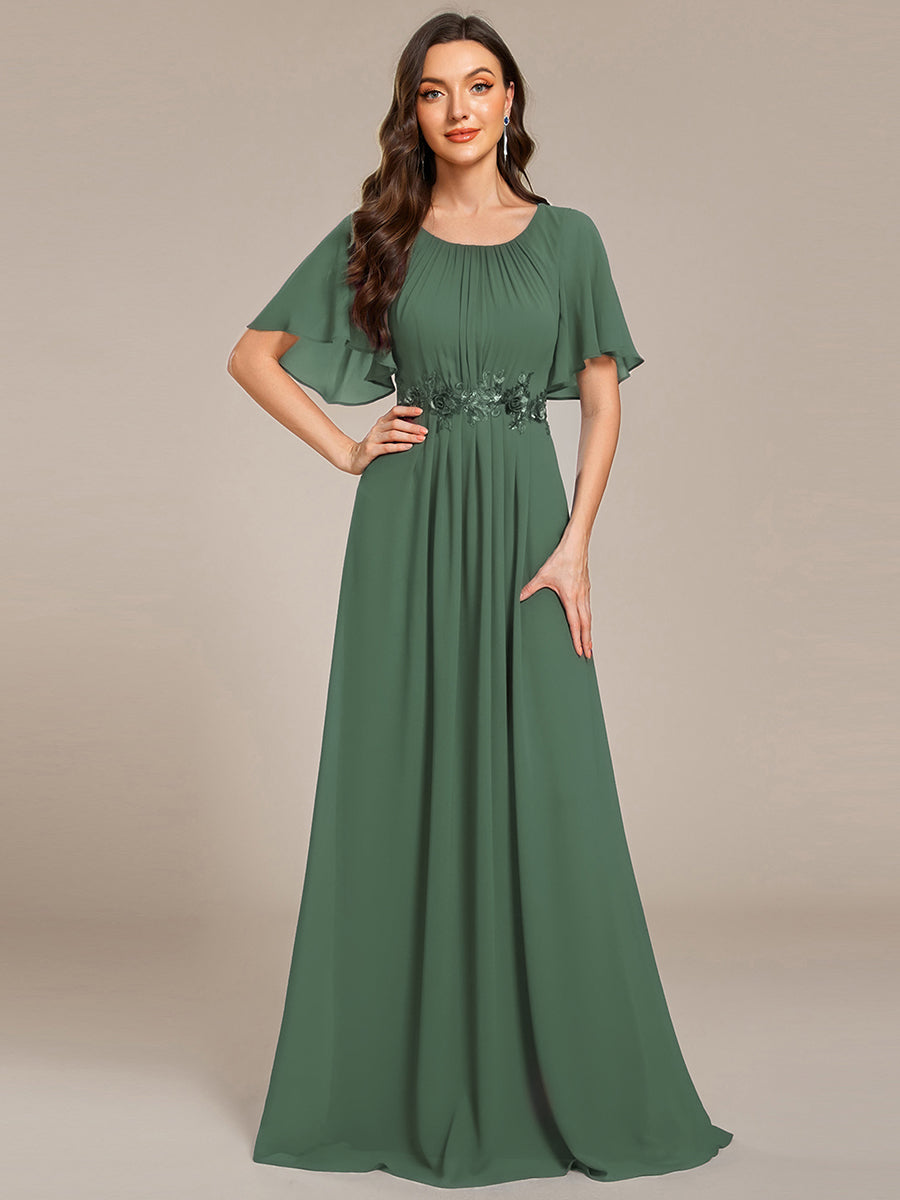 Pleated Short Sleeve Ruffled Maxi Evening Dress #color_Eucalyptus Green