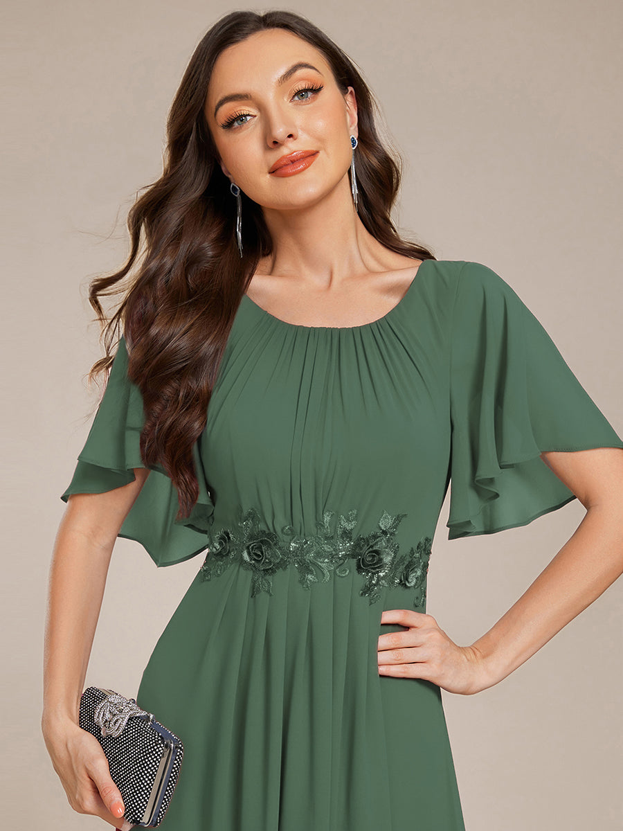 Pleated Short Sleeve Ruffled Maxi Evening Dress #color_Eucalyptus Green