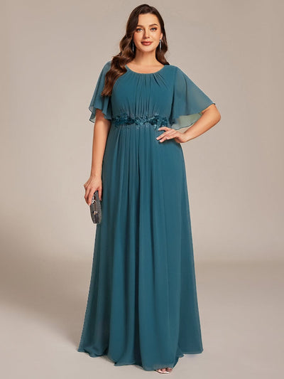 Pleated Short Sleeve Ruffled Maxi Evening Dress #color_Teal