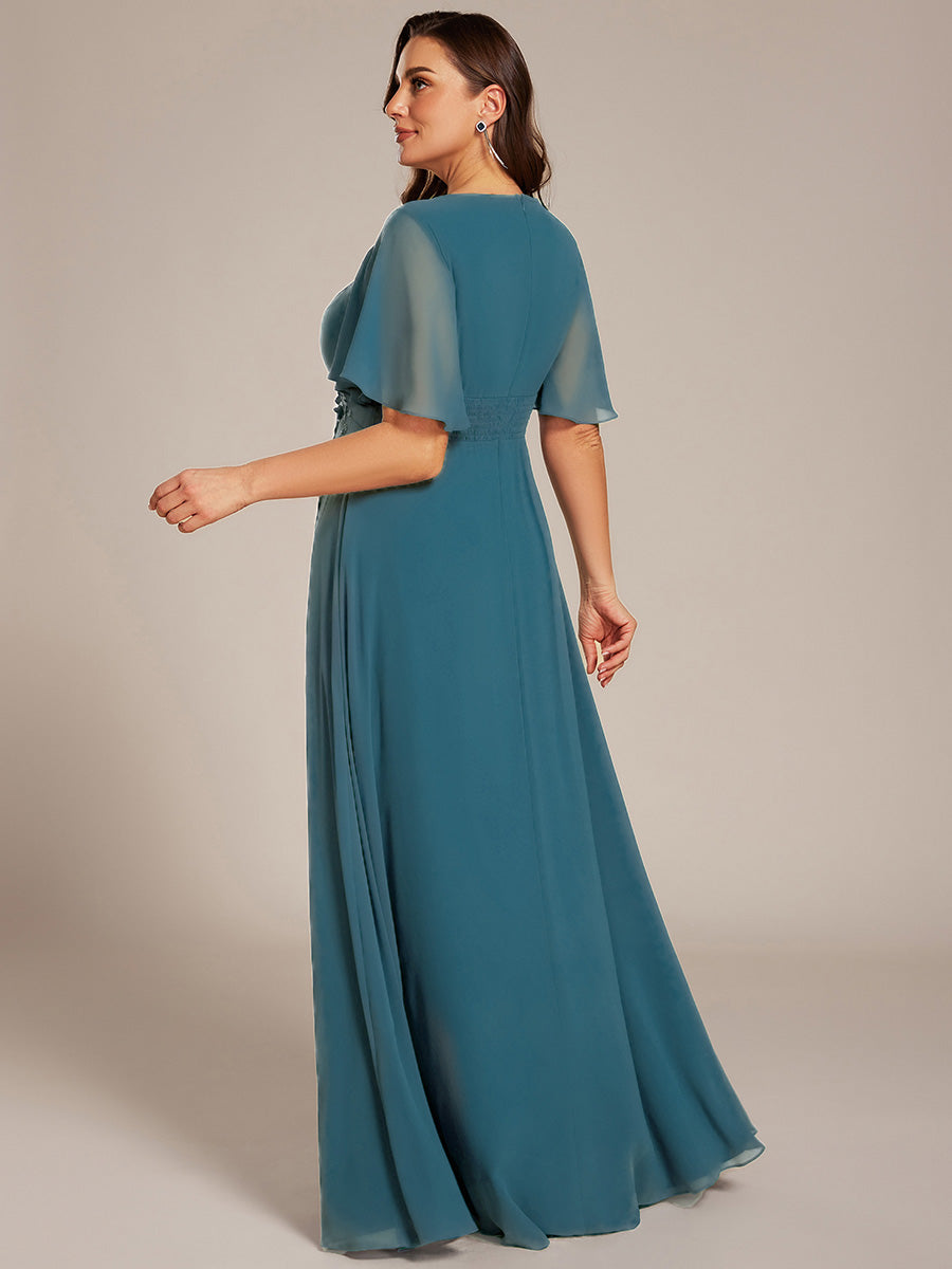 Pleated Short Sleeve Ruffled Maxi Evening Dress #color_Teal