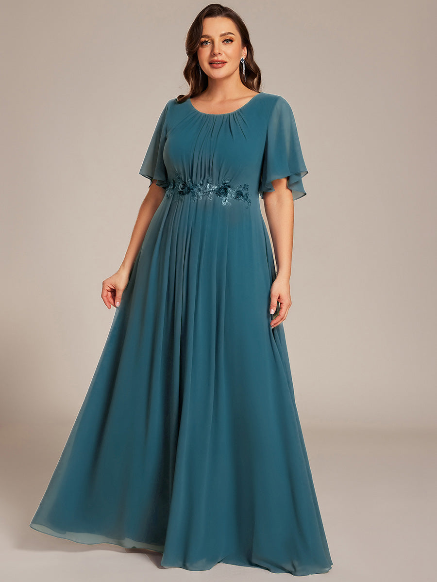 Pleated Short Sleeve Ruffled Maxi Evening Dress #color_Teal