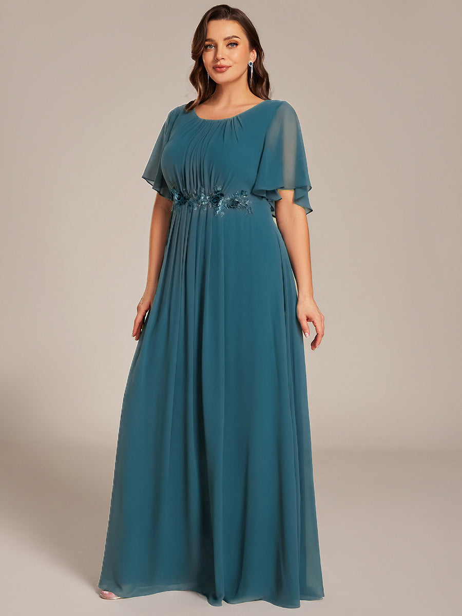 Pleated Short Sleeve Ruffled Maxi Evening Dress #color_Teal