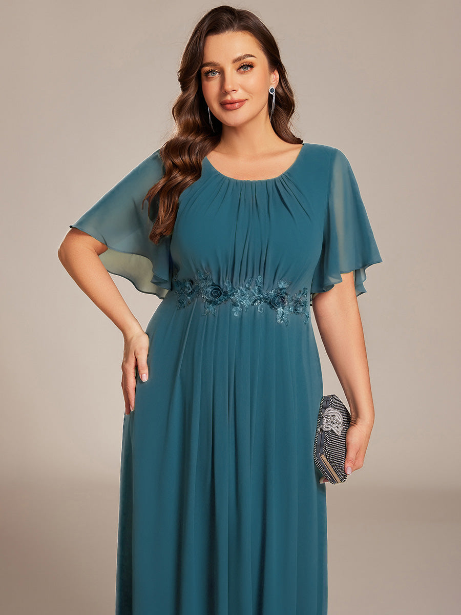 Pleated Short Sleeve Ruffled Maxi Evening Dress #color_Teal