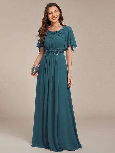 Pleated Short Sleeve Ruffled Maxi Evening Dress #color_Teal