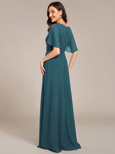 Pleated Short Sleeve Ruffled Maxi Evening Dress #color_Teal