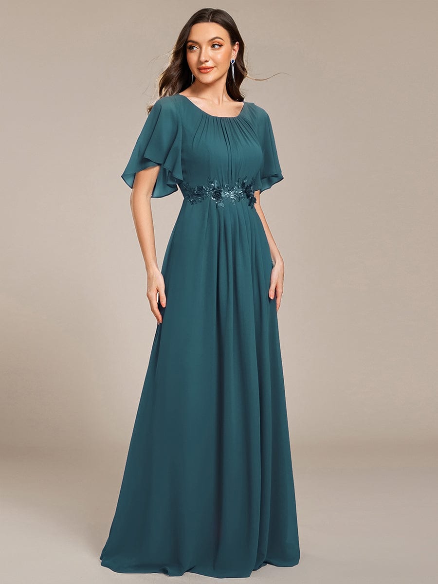 Pleated Short Sleeve Ruffled Maxi Evening Dress #color_Teal