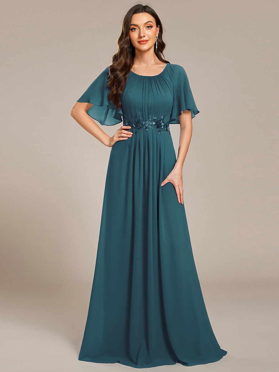 Pleated Short Sleeve Ruffled Maxi Evening Dress #color_Teal