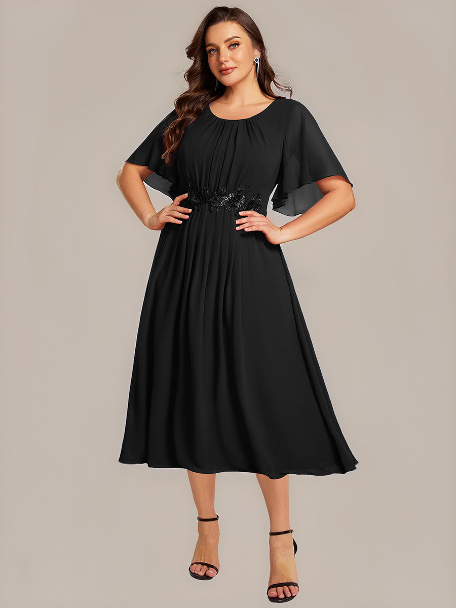 Floral Chiffon Ruffle Sleeve Evening Dress #color_Black