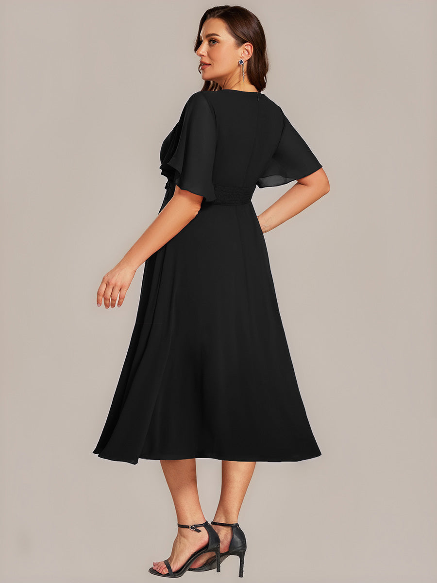 Floral Chiffon Ruffle Sleeve Evening Dress #color_Black