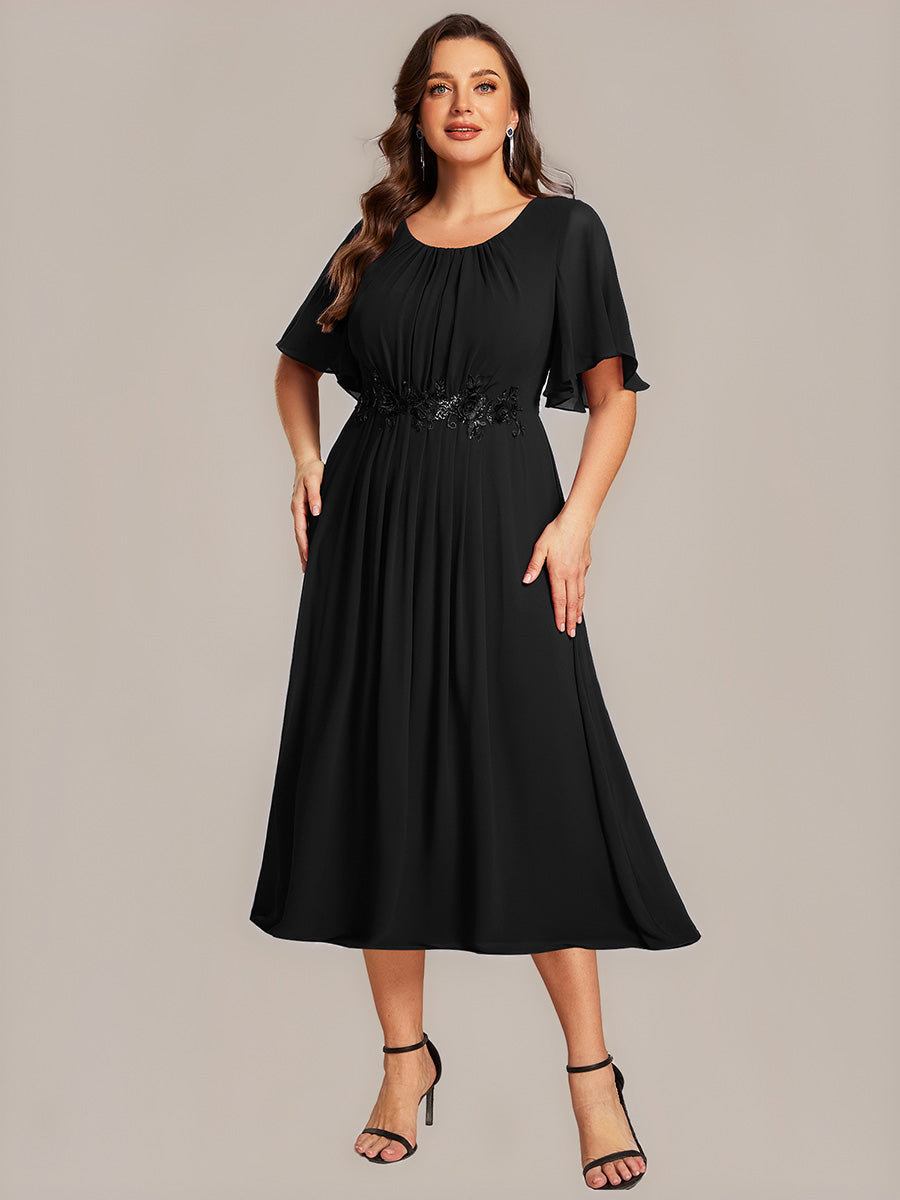 Floral Chiffon Ruffle Sleeve Evening Dress #color_Black