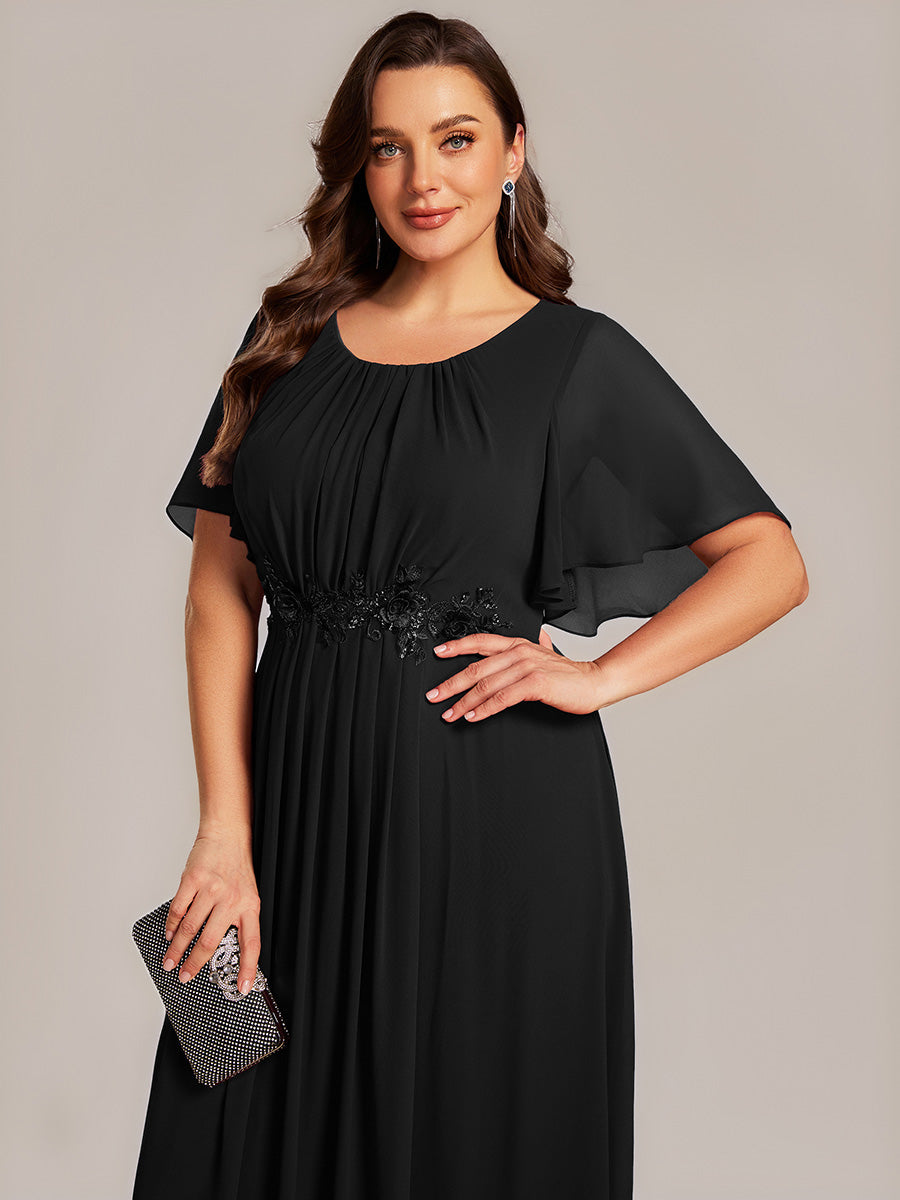 Floral Chiffon Ruffle Sleeve Evening Dress #color_Black