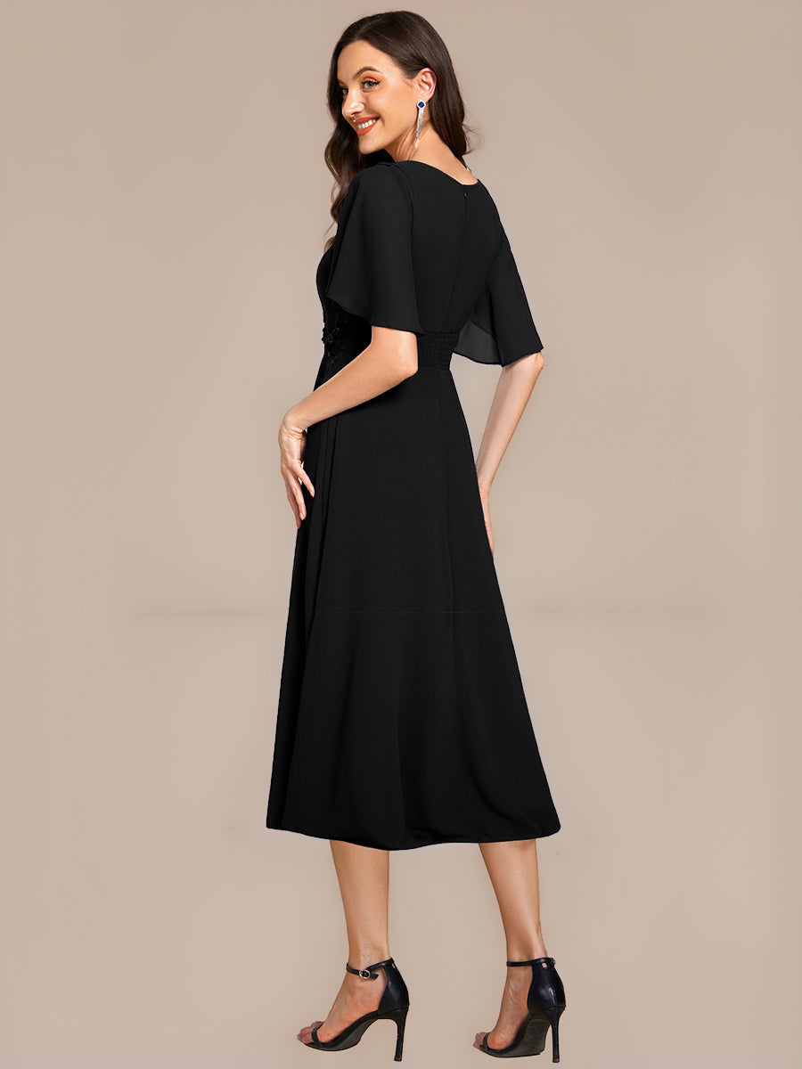 Floral Chiffon Ruffle Sleeve Evening Dress #color_Black