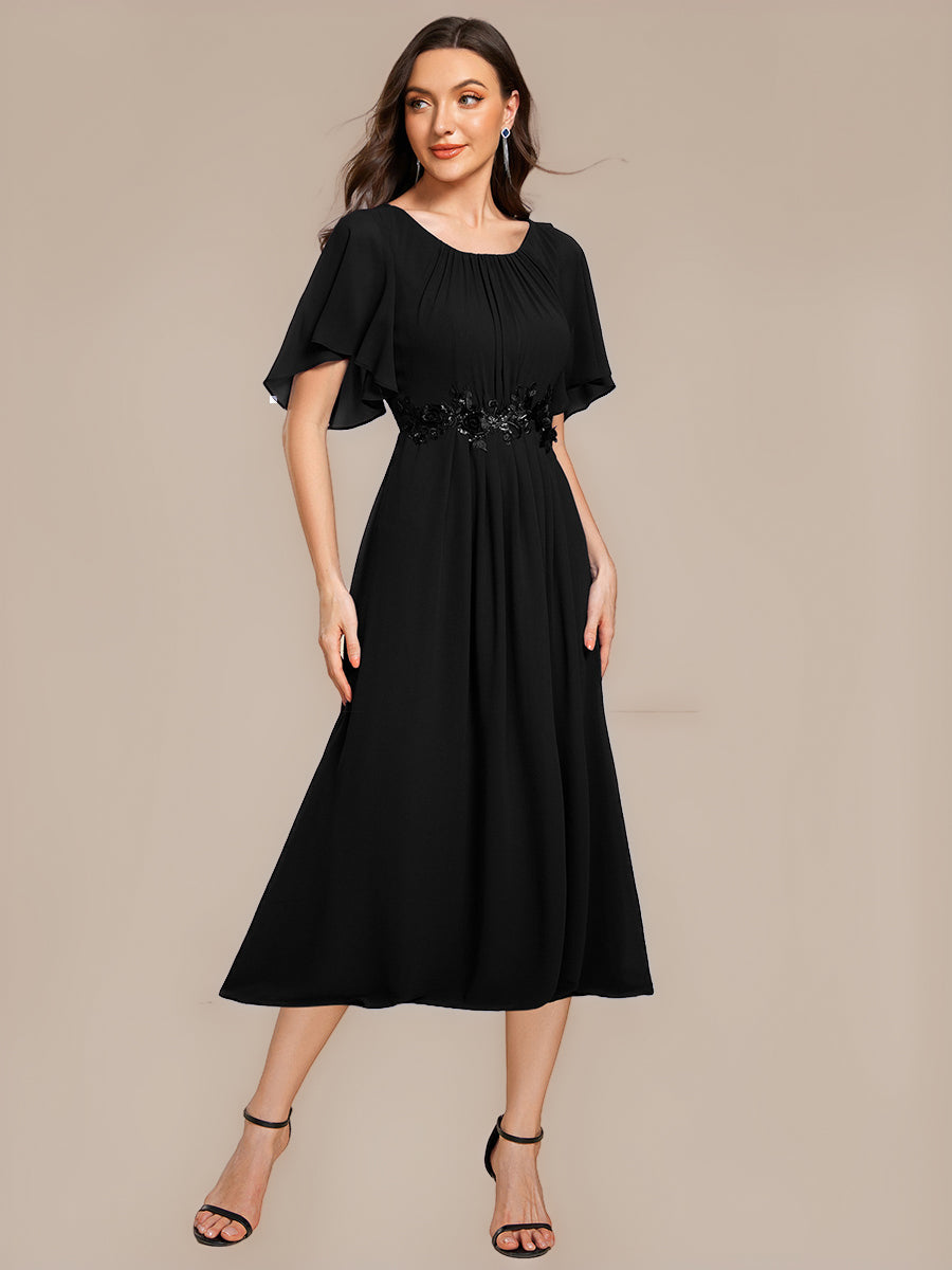 Floral Chiffon Ruffle Sleeve Evening Dress #color_Black