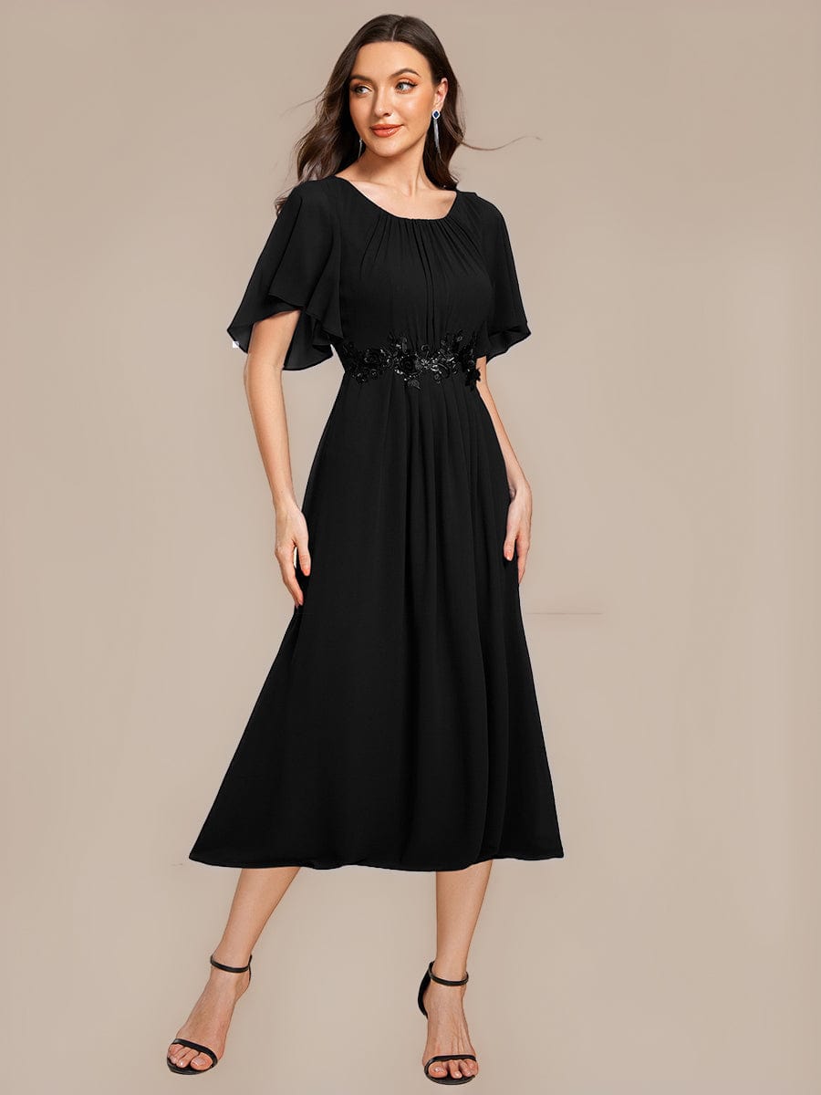 Floral Chiffon Ruffle Sleeve Evening Dress #color_Black