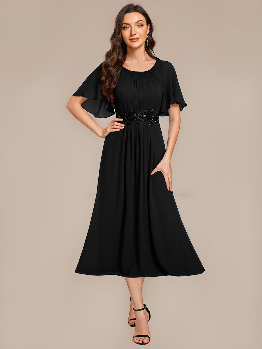 Floral Chiffon Ruffle Sleeve Evening Dress #color_Black