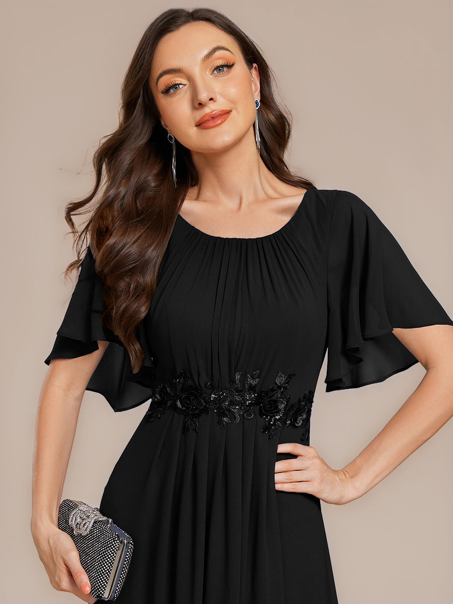 Floral Chiffon Ruffle Sleeve Evening Dress #color_Black
