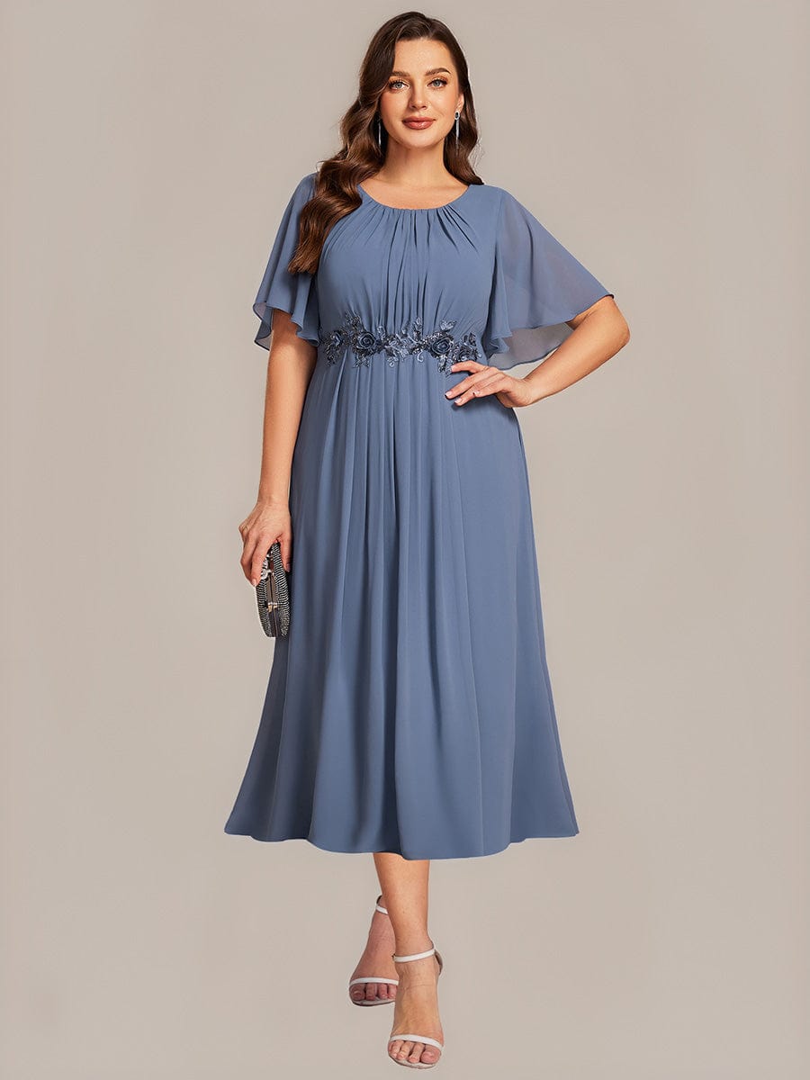 Floral Chiffon Ruffle Sleeve Evening Dress #color_Dusty Blue