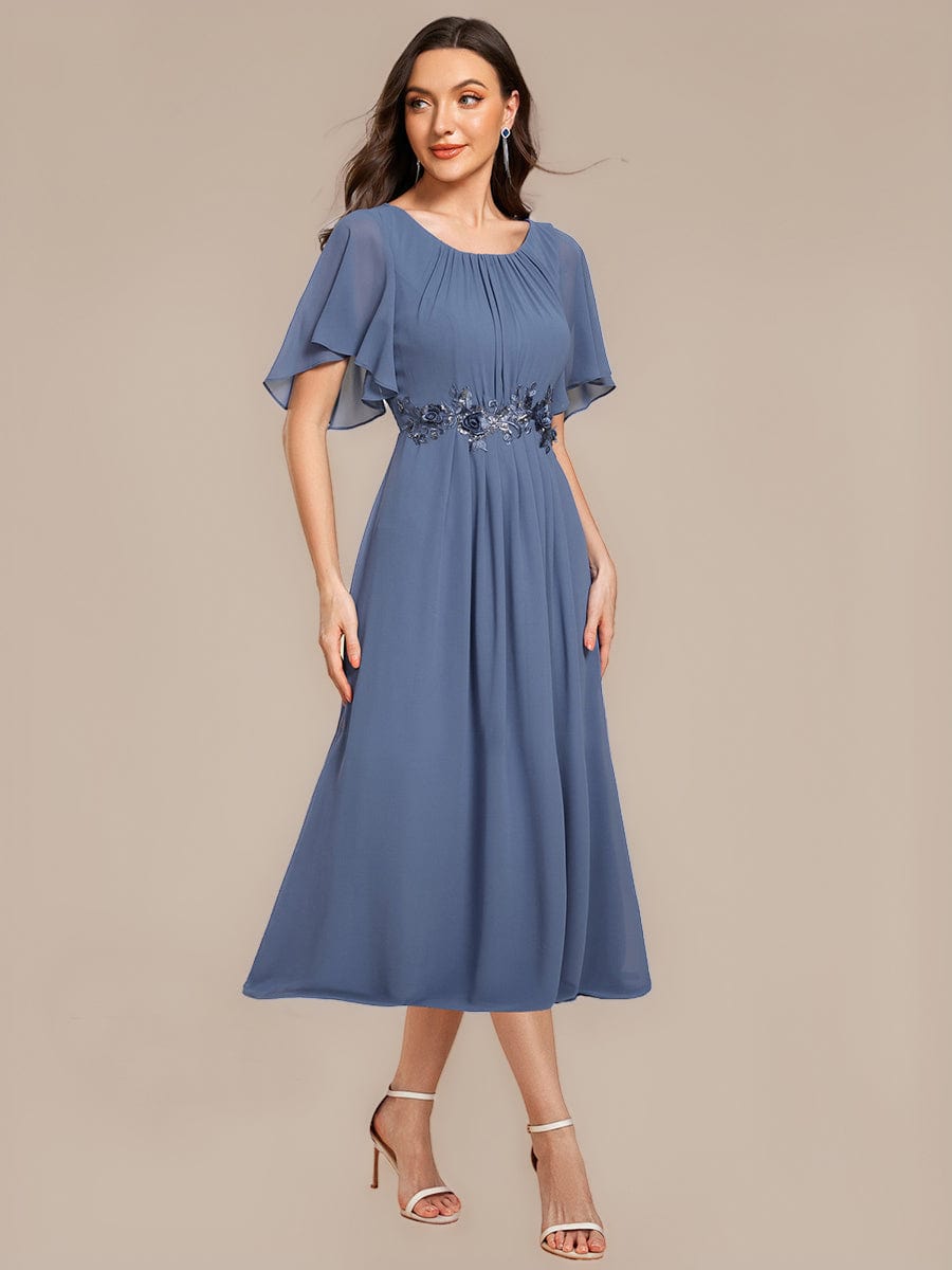 Floral Chiffon Ruffle Sleeve Evening Dress #color_Dusty Blue