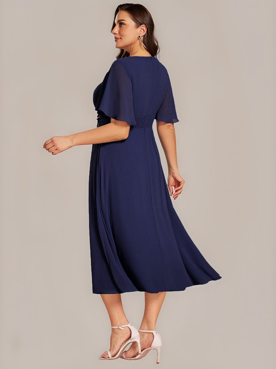 Floral Chiffon Ruffle Sleeve Evening Dress #color_Navy Blue
