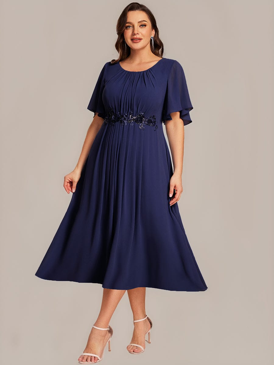 Floral Chiffon Ruffle Sleeve Evening Dress #color_Navy Blue