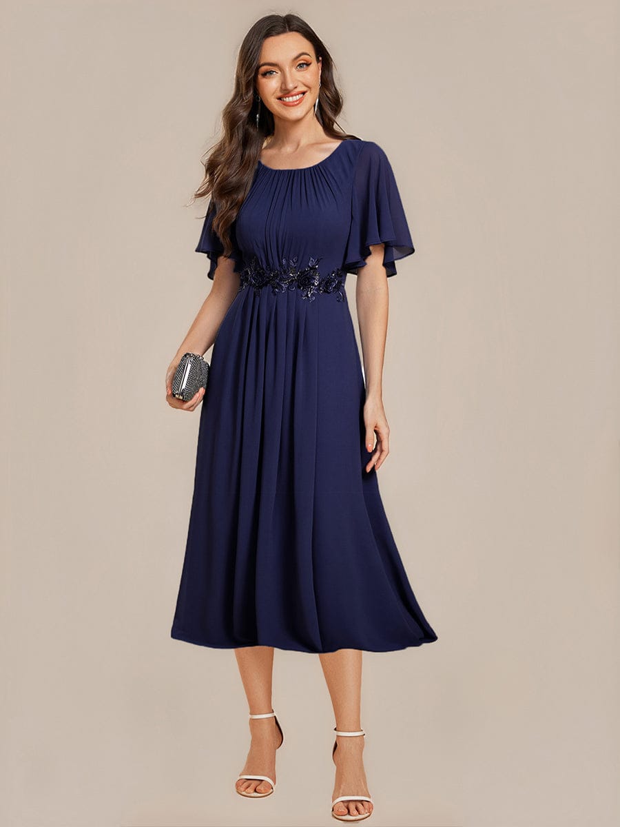 Floral Chiffon Ruffle Sleeve Evening Dress #color_Navy Blue