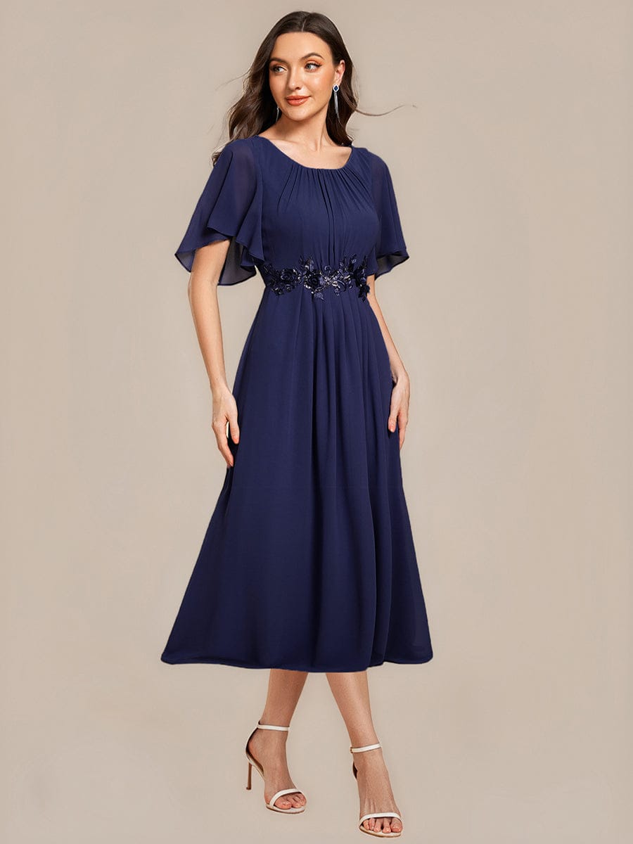 Floral Chiffon Ruffle Sleeve Evening Dress #color_Navy Blue