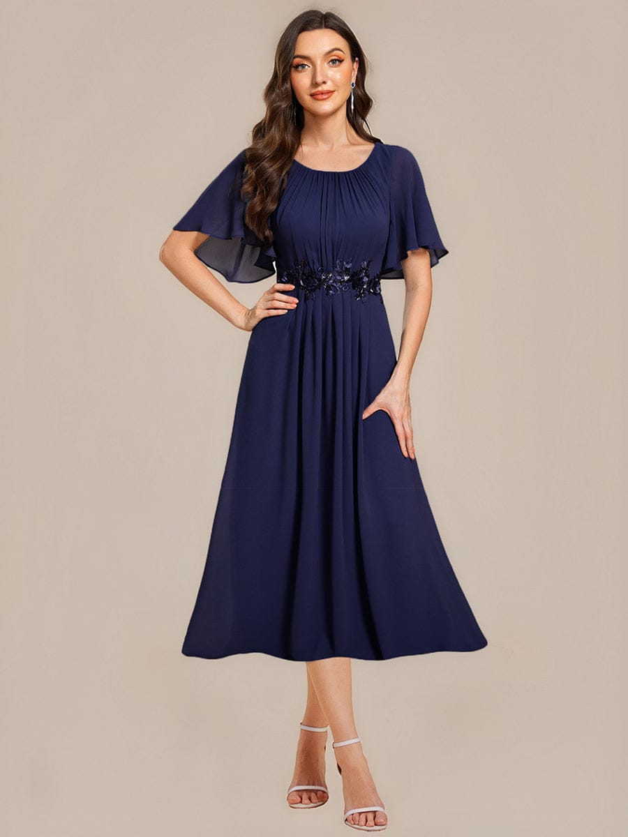 Floral Chiffon Ruffle Sleeve Evening Dress #color_Navy Blue