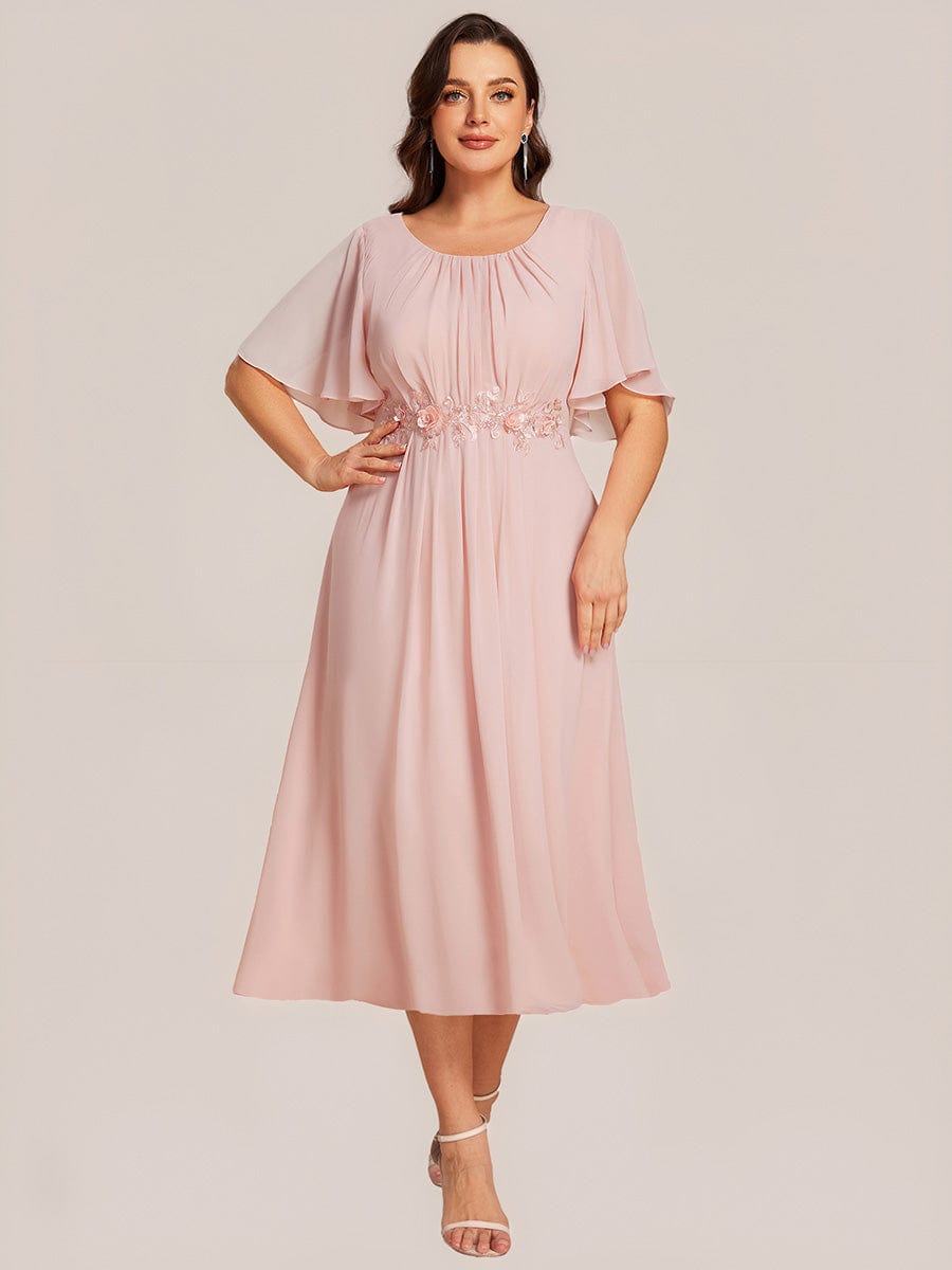 Floral Chiffon Ruffle Sleeve Evening Dress #color_Pink