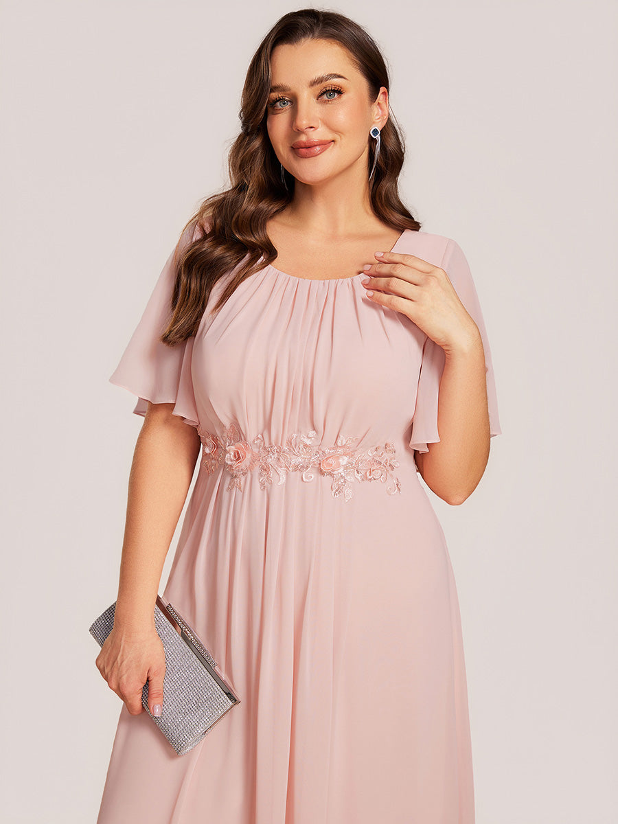 Floral Chiffon Ruffle Sleeve Evening Dress #color_Pink