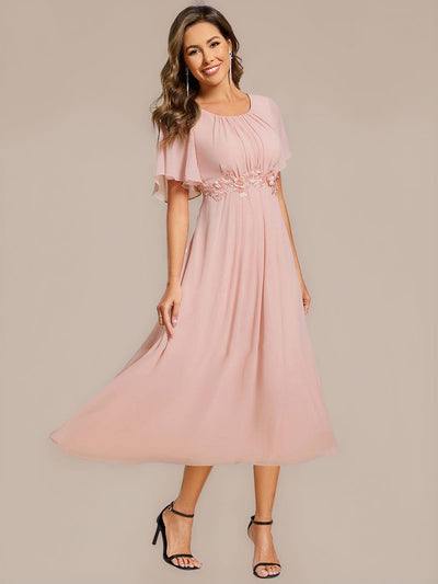 Floral Chiffon Ruffle Sleeve Evening Dress #color_Pink