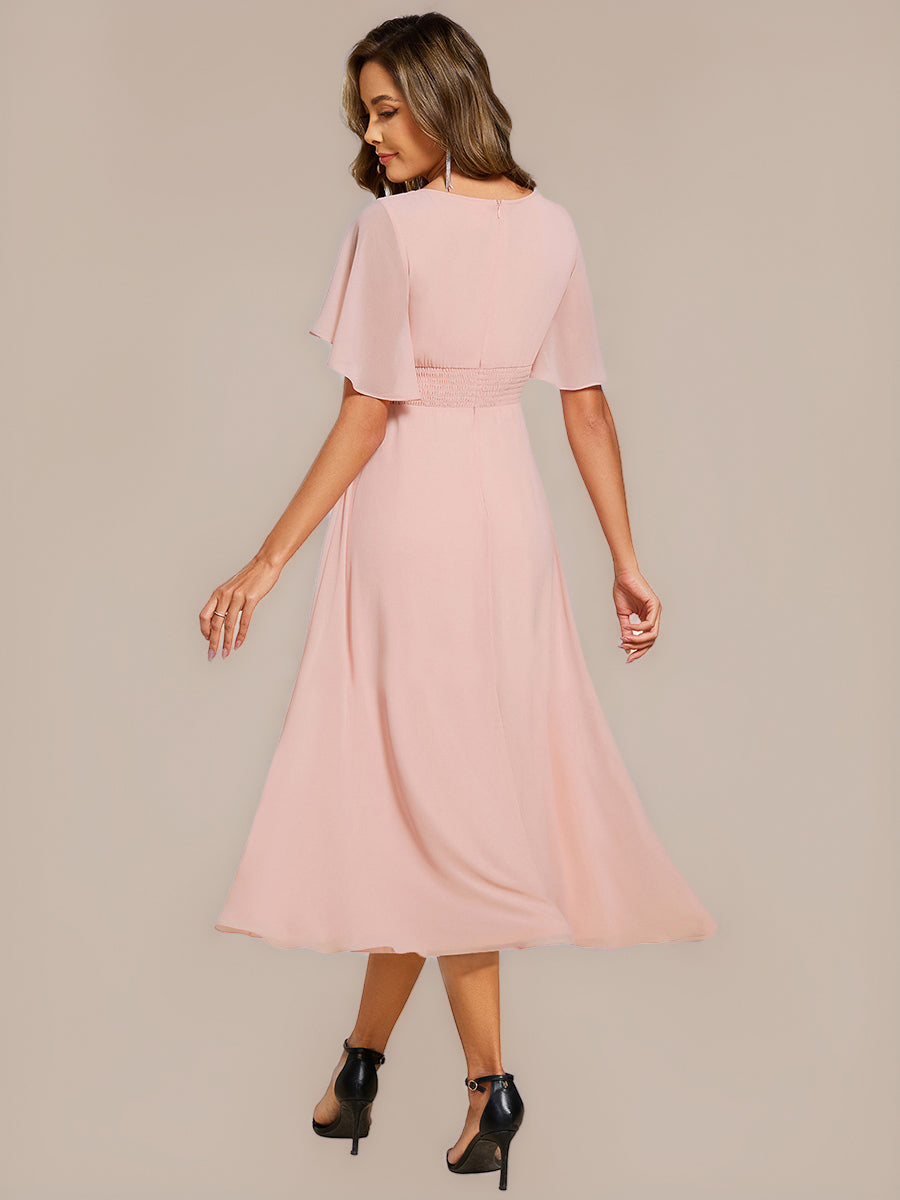 Floral Chiffon Ruffle Sleeve Evening Dress #color_Pink
