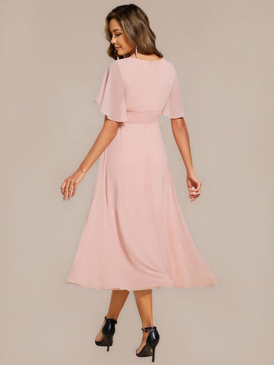 Floral Chiffon Ruffle Sleeve Evening Dress #color_Pink