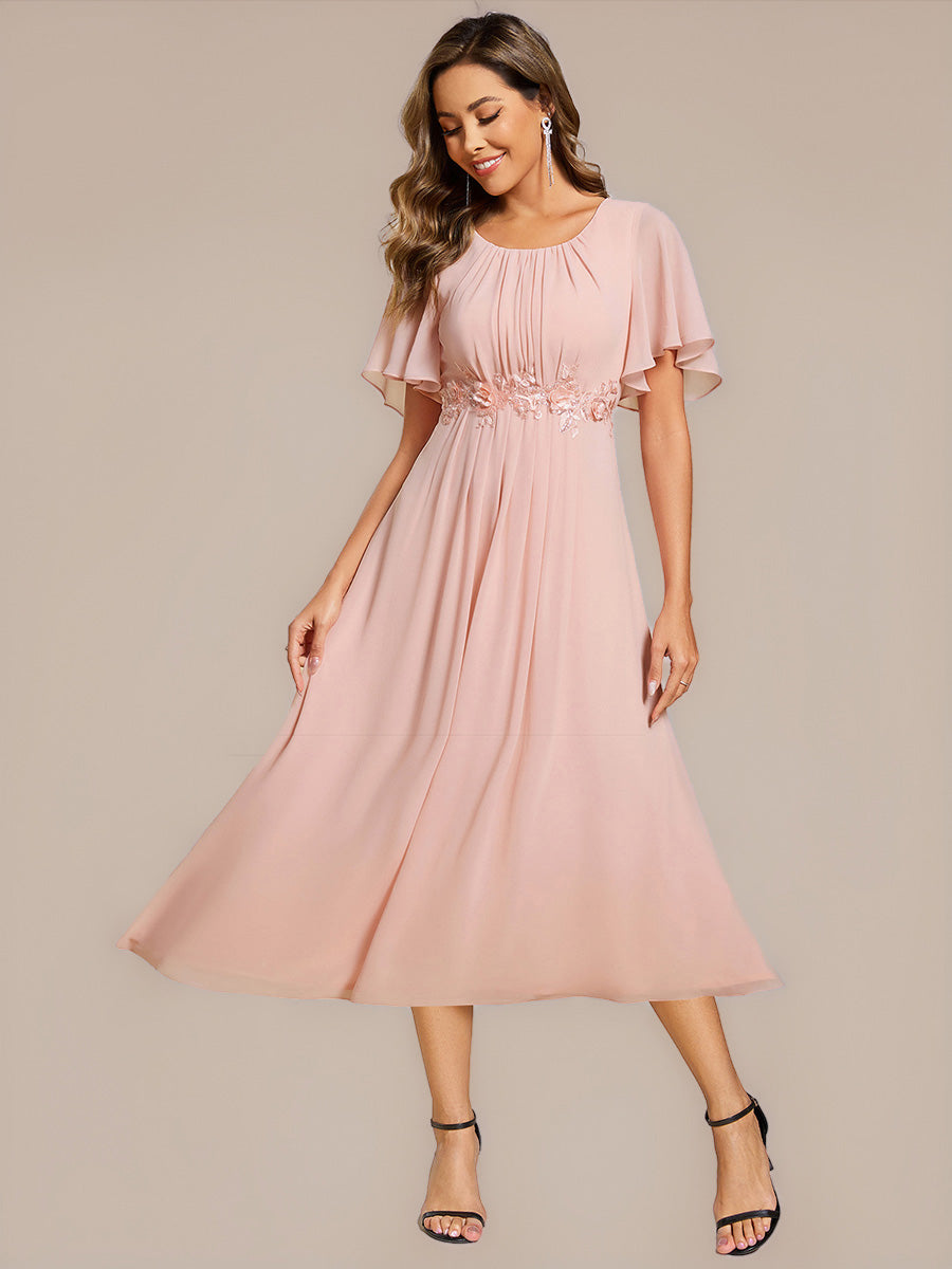 Floral Chiffon Ruffle Sleeve Evening Dress #color_Pink