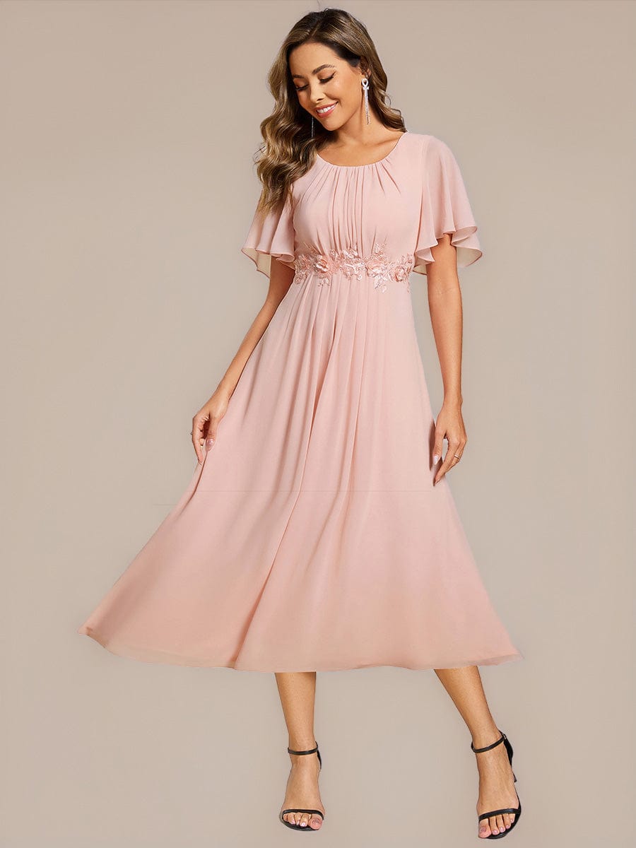 Floral Chiffon Ruffle Sleeve Evening Dress #color_Pink