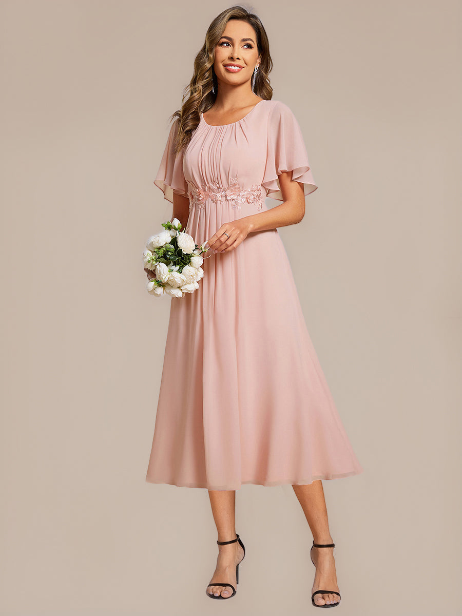 Floral Chiffon Ruffle Sleeve Evening Dress #color_Pink